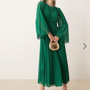 ASOS DESIGN - Tie Back Fluted Sleeve Pleated Chevron Chiffon Midi Dress Green
